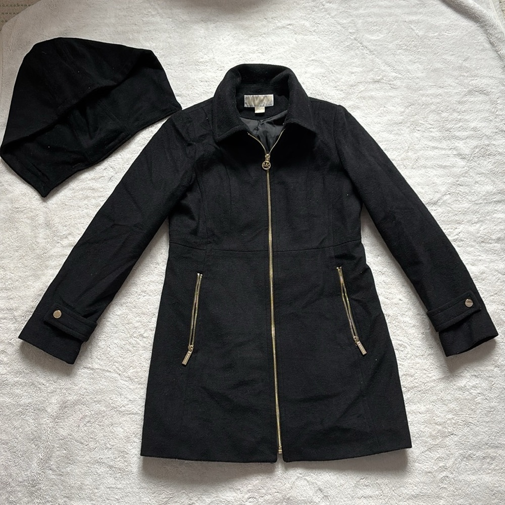 Michael Kors Petite Hooded Notched-Collar Coat